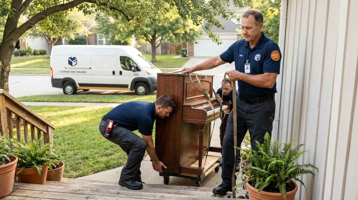 Licensed piano movers securing grand piano in Murphys, CA