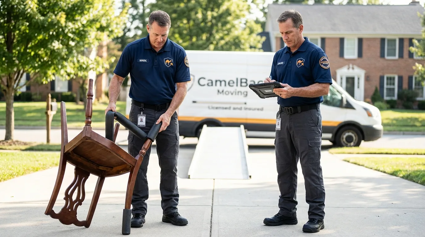 Movers inspecting furniture for damage prevention before loading in Murphys, CA