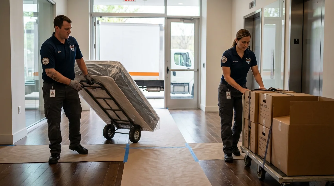 Professional apartment movers loading elevator in Murphys, CA